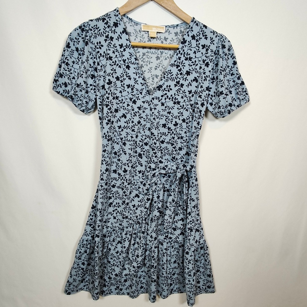 Michael Kors Midi Dress Women's XS Blue Floral Puff Sleeve Ruffle Hem